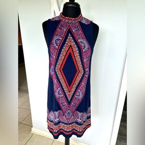 Blue and Red Sleeveless Halter Midi Dress